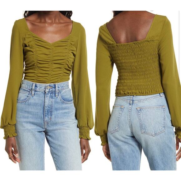 Open Edit Ruched Crop Top Olive Size Medium - Picture 1 of 5